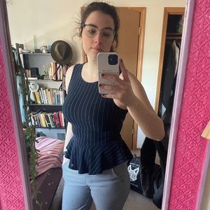 Navy Blue Pinstripe Flared Top